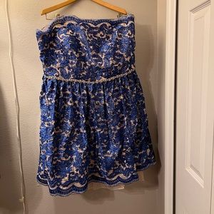 Jodi Kristopher Blue and Cream Strapless Dress